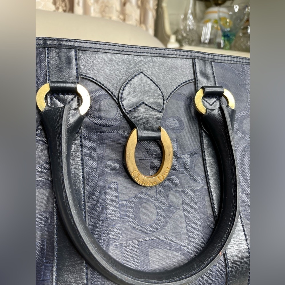 Vintage Christian Dior Coated Canvas Boston Bag Diorissimo PVC Leather Navy Gold - Picture 9 of 11
